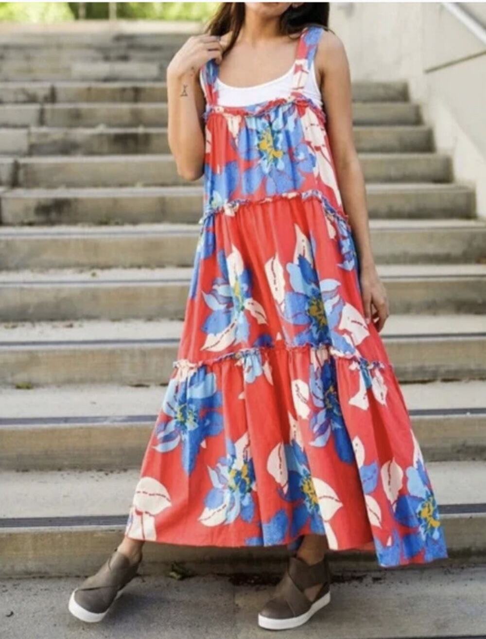 Free People Moonshine Floral Midi Sundress Size XSmall Oversized Linen Blend